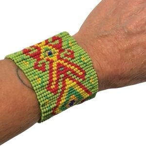 Aztec Bohemian Boho Beaded Large Cuff Bracelet Handmade Green Red Yellow